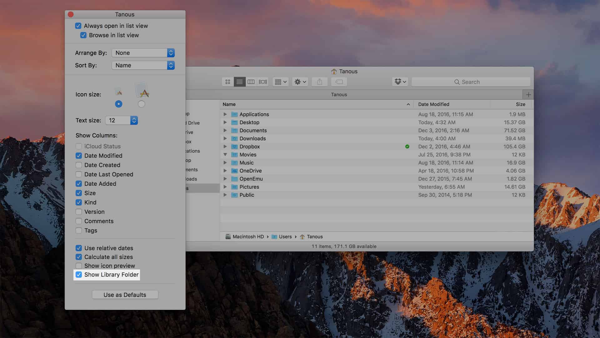 showing library folder on mac