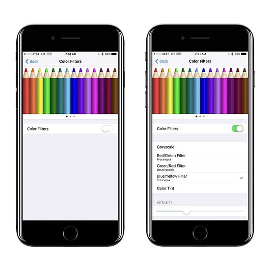 Screenshots of iPhone color filters for accessibility.