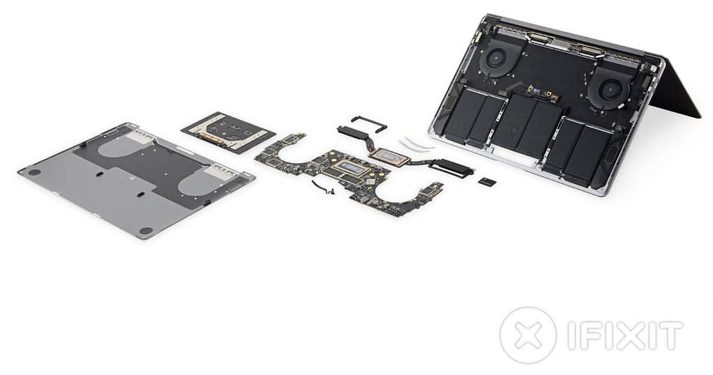 iFixit teardown showing mid-2018 13-inch Touch Bar MacBook Pro in pieces