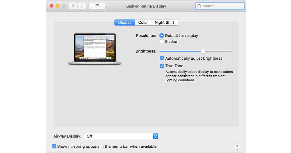 True Tone settings for display on 2018 Touch Bar MacBook Pro