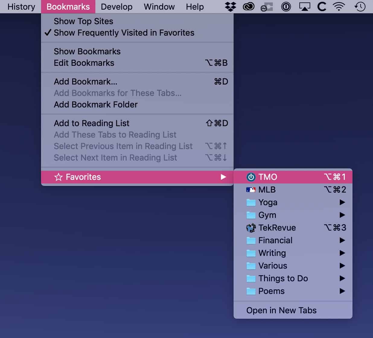 shortcut key for opening chrome bookmarks mac osx