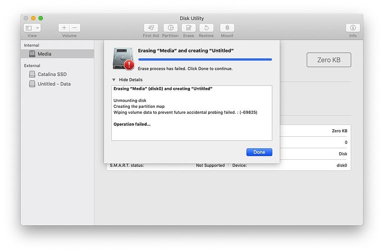 erasing apple ssd sm0128g media failed