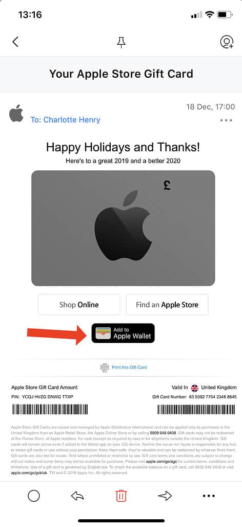 how to add apple gift card to ios wallet