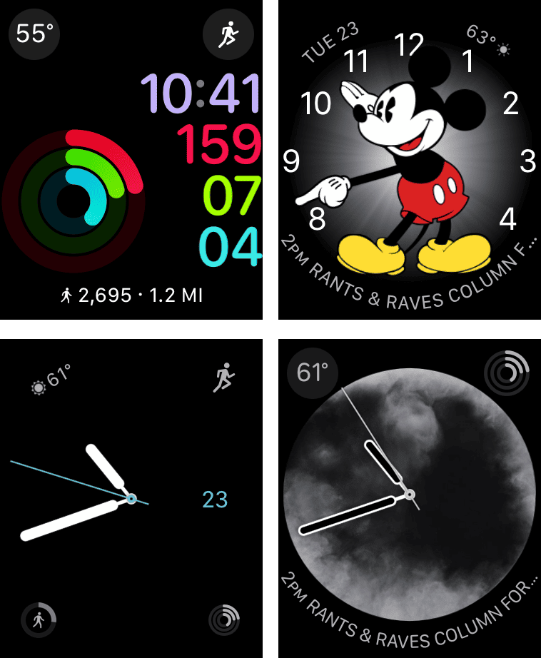 Watch faces (clockwise): Activity, Mickey Mouse, Vapor, Simple
