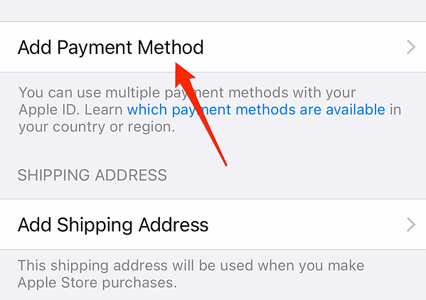 add payment method button iphone