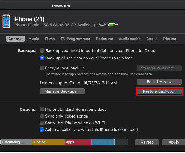 restore iphone from finder without itunes