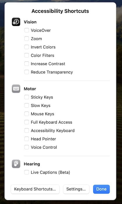 Viewing the Accessibility Shortcuts Menu on Mac