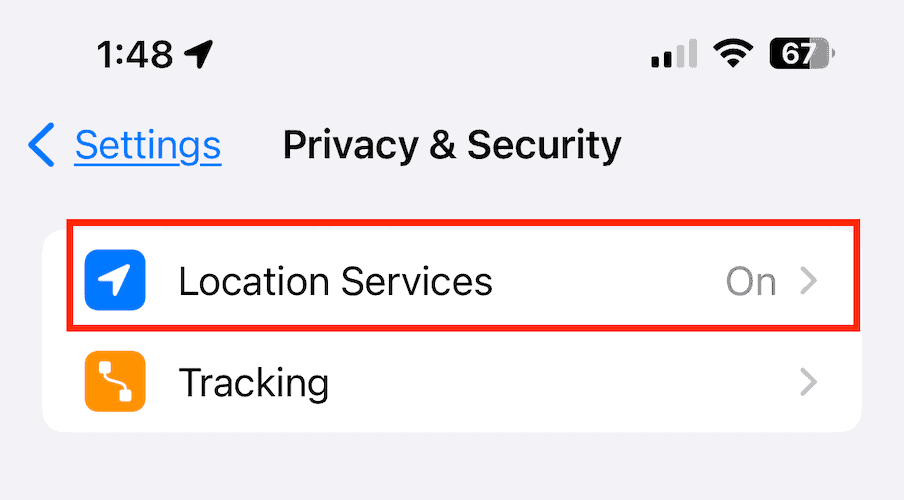 Screenshot of Location Services