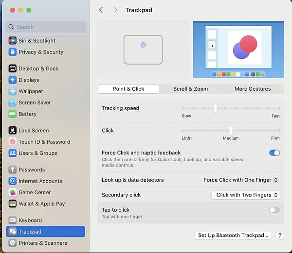 Clicking Trackpad Settings on a Mac