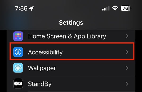 Screeshot of iPhone Accessibility Settings