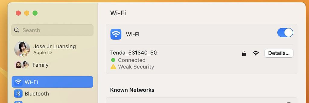 Wi-Fi Settings of Wi-Fi Name Details