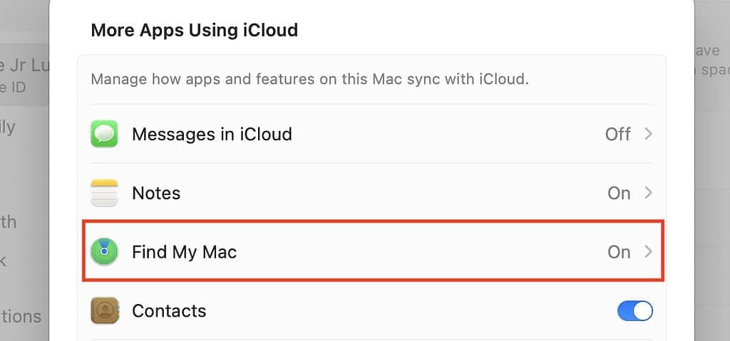 iCloud Find My Toggle Button for Mac System Settings