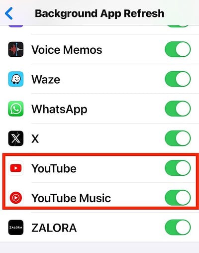 The Background App Refresh Toggle Buttons for YouTube and YouTube Music