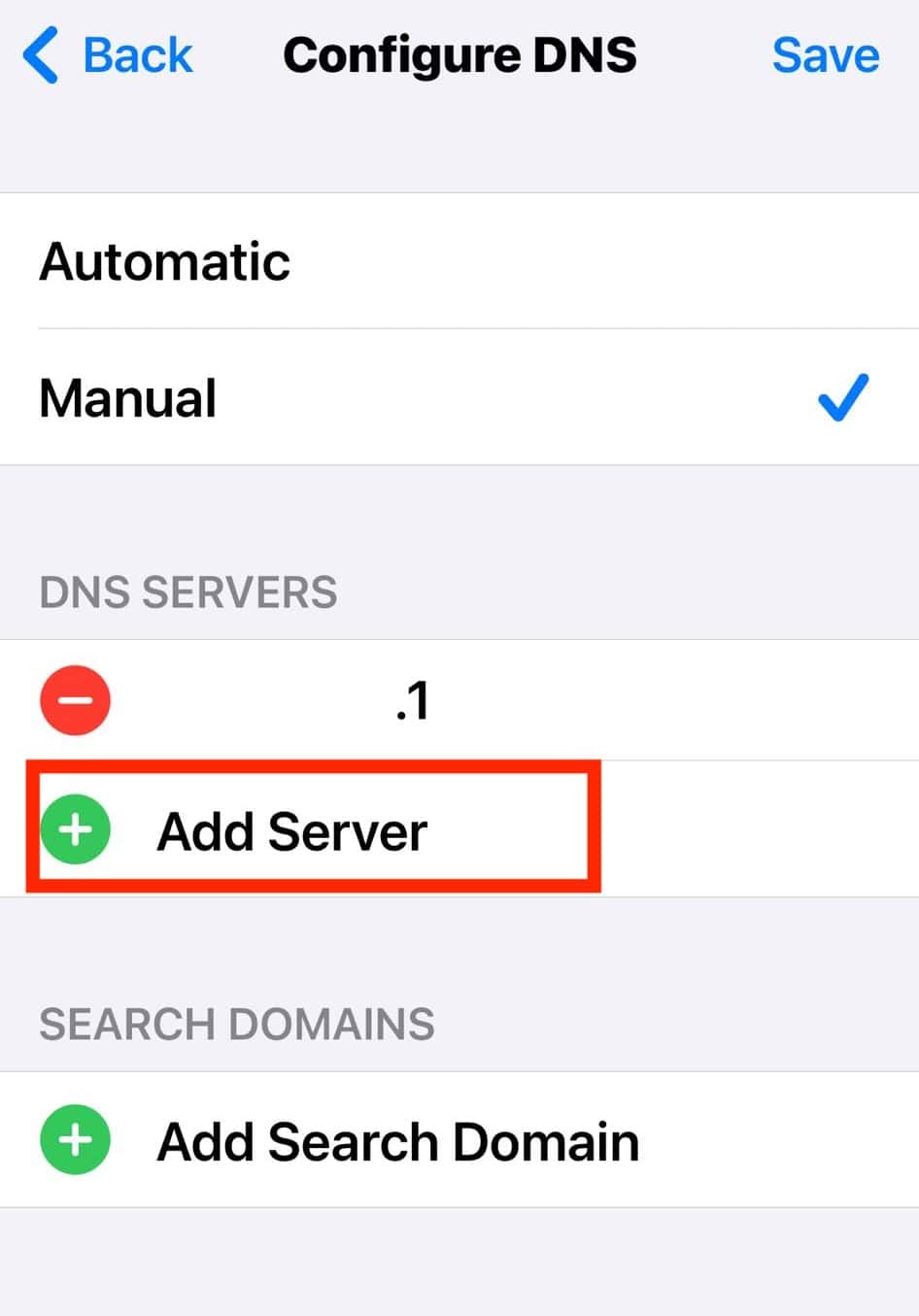 Add Server Option Under DNS Servers on iOS Settings
