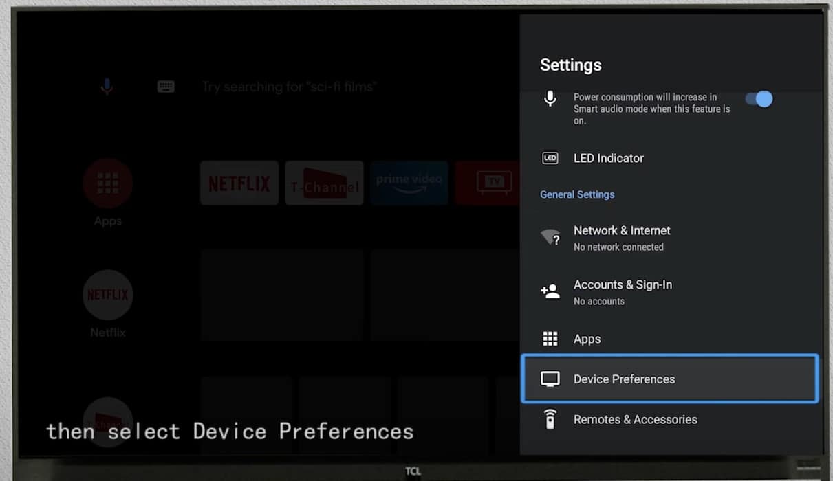 The Device Preferences on TCL TV System Settings