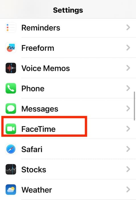 Selecting FaceTime Settings on iOS Settings