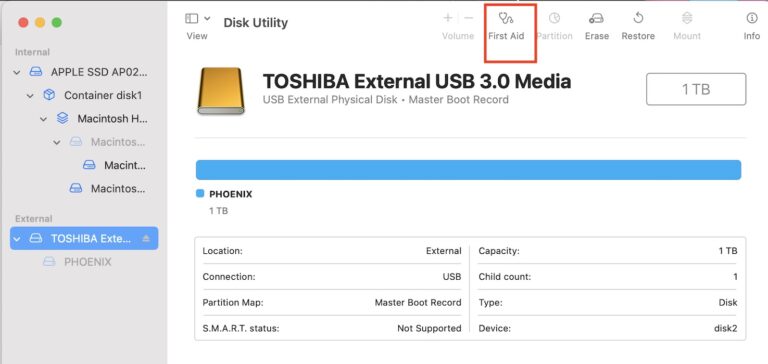 Click the First Aid feature in Disk Utility