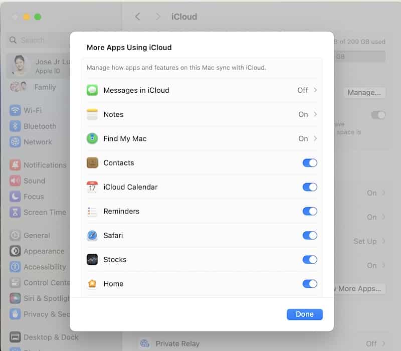 Selecting More Apps Using iCloud on Mac Settings