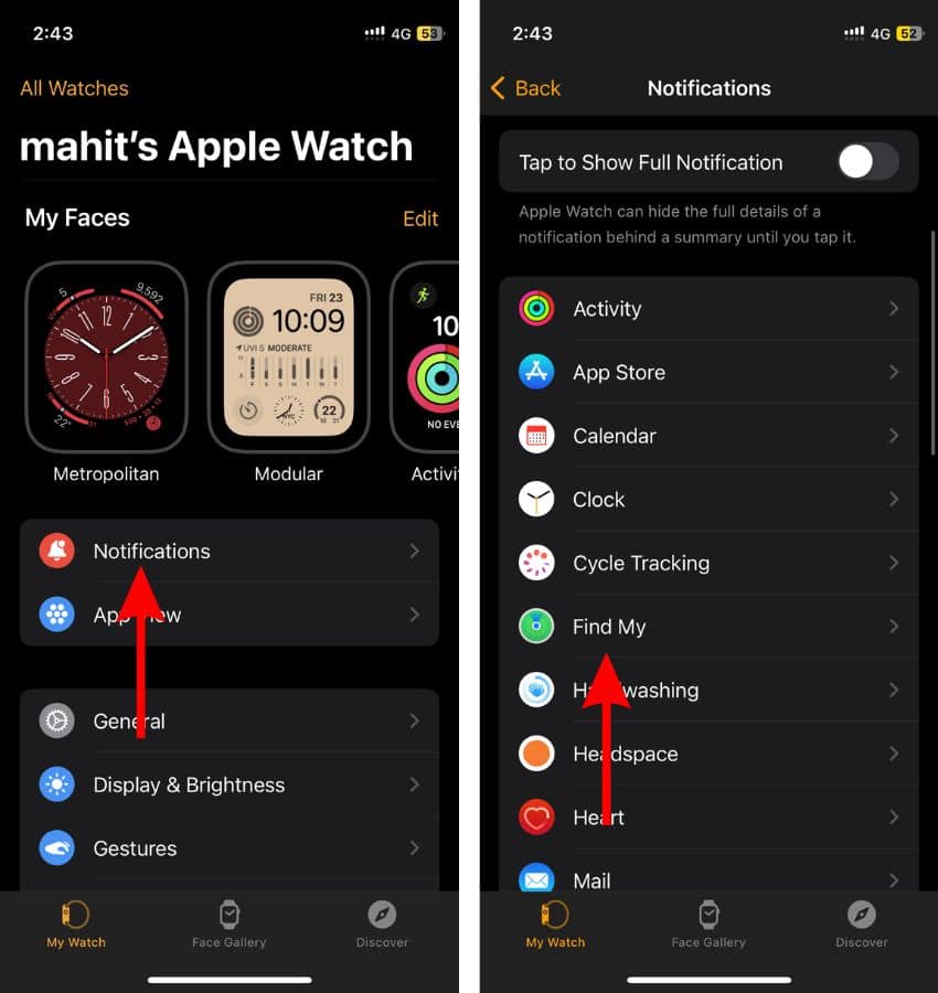 Navigate to Notification settings in the Watch app