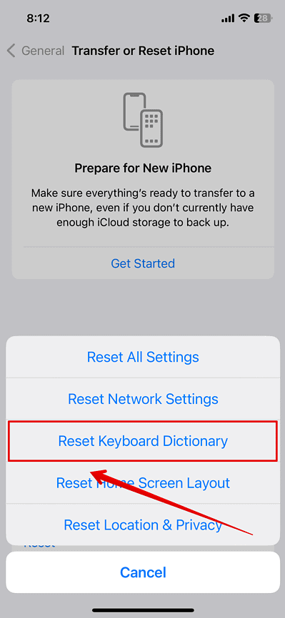 Reset Keyboard Dictionary