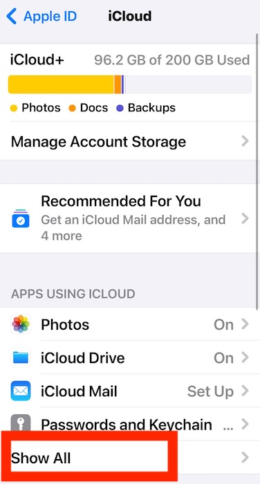 Selecting Show All Apps Section on iCloud iOS Settings