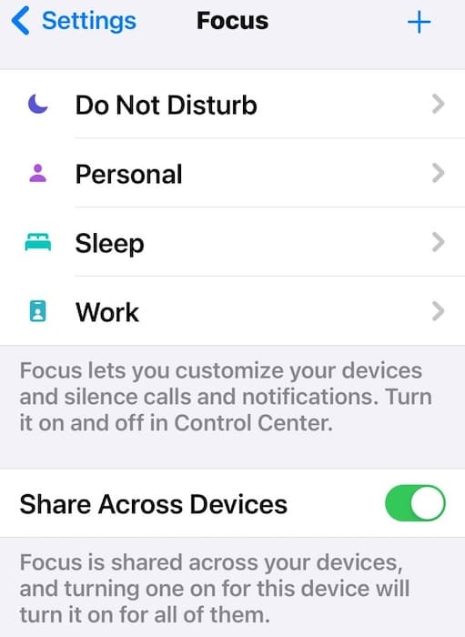 Configuring the Focus Modes on iOS Settings
