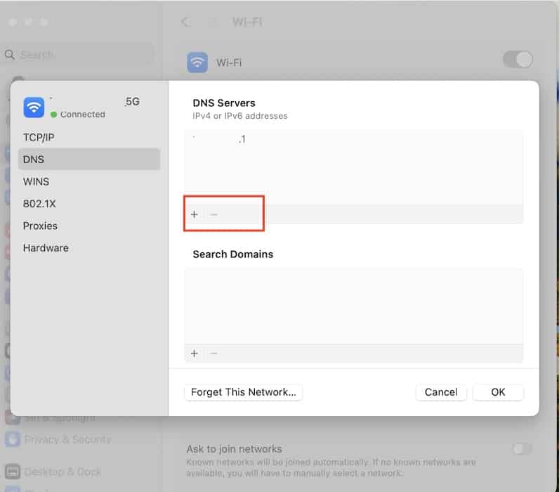 The Wi-Fi DNS Server Configuration Settings on Mac