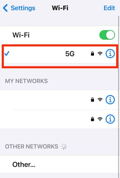 The Information Icon on the Wi-Fi Network on iOS Settings