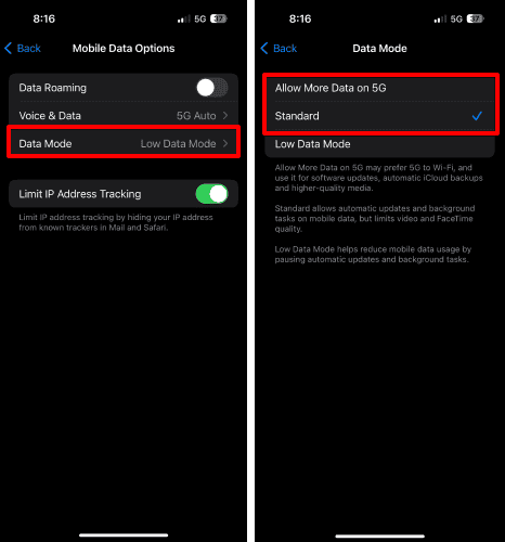 Turn off Low Data Mode