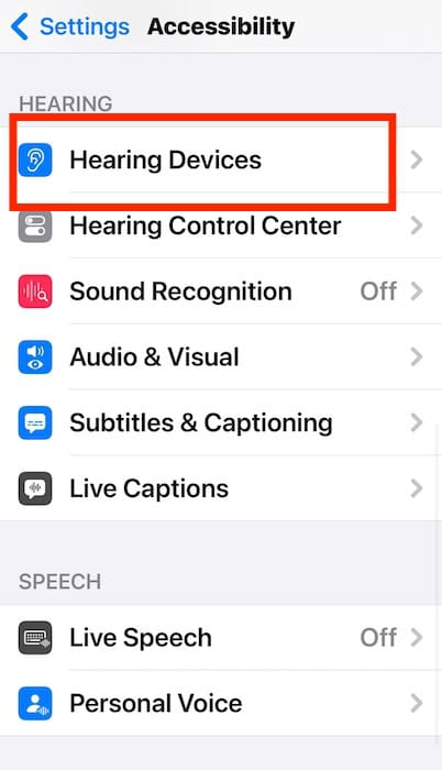 Toggle Button Hearing Devices in Settings