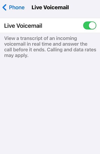 Clicking Live Voicemail Toggle Button