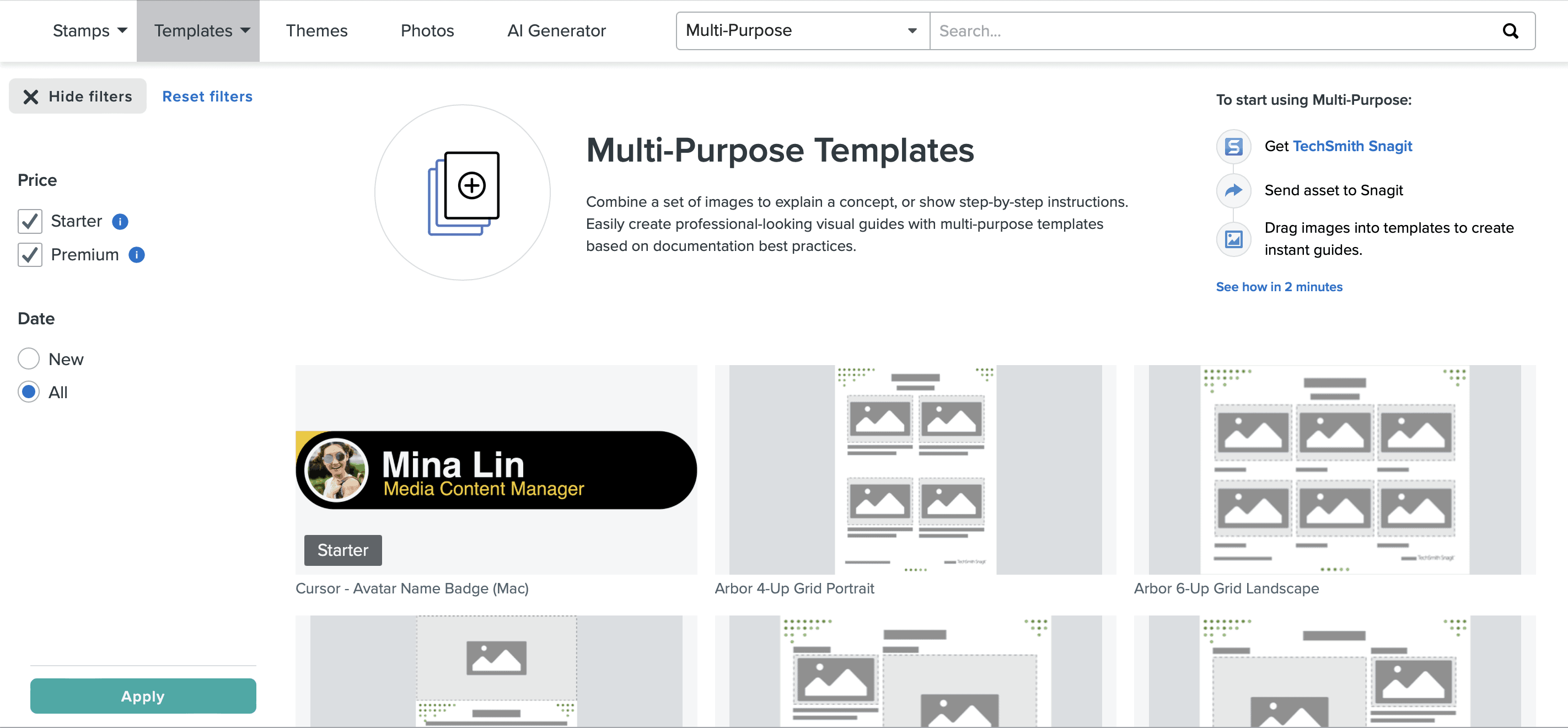 a list of snagit templates available on the website