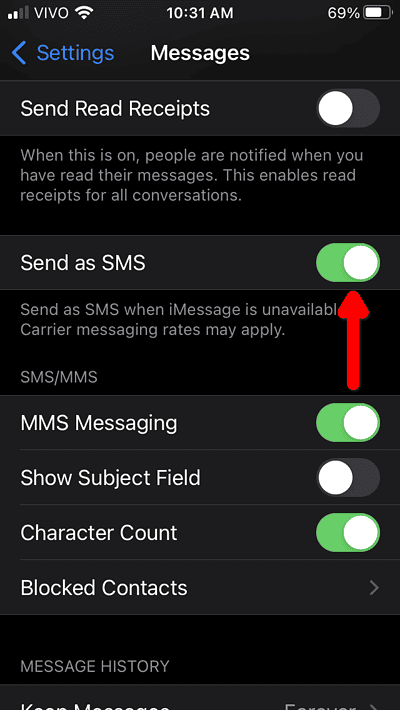 iPhone Message Settings menu showing the Send as SMS option enabled