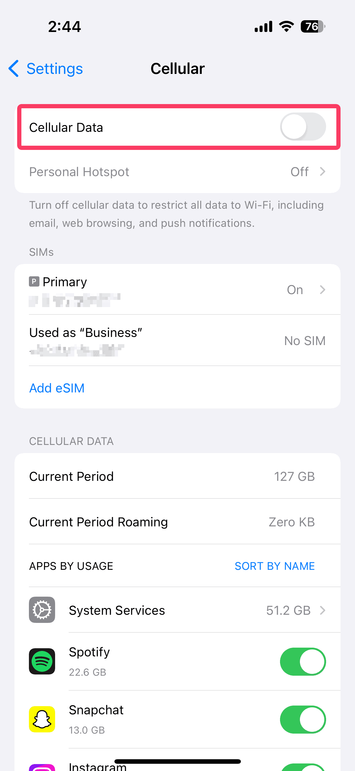 toggle cellular data on iphone