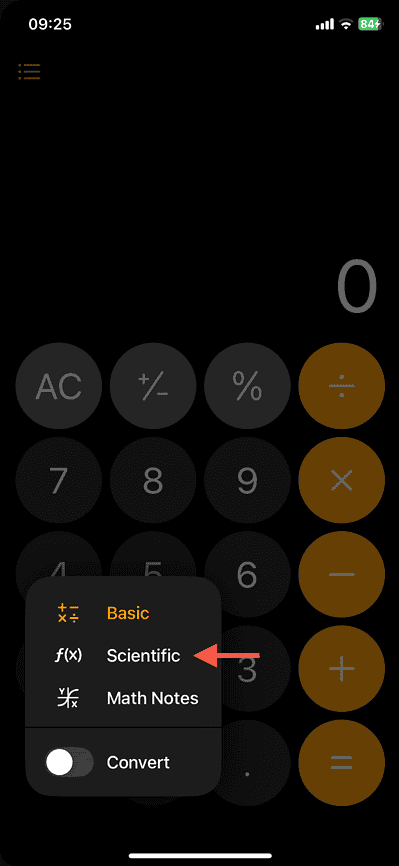 The Scientific option highlighted on the Calculator app for iPhone.