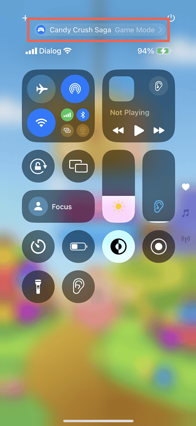 The Control Center on the iPhone with the Game Mode status highlighted.