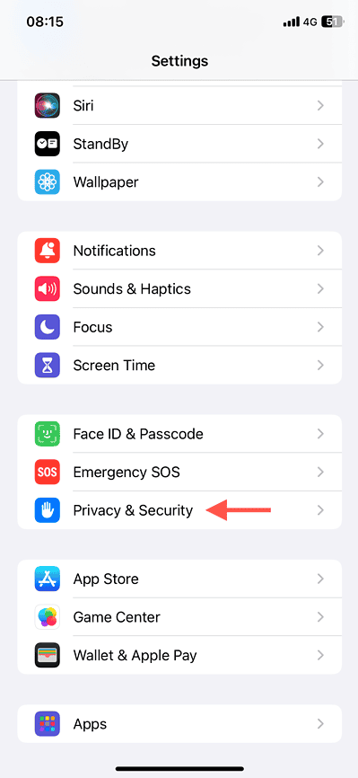 The iPhone's Settings app with the Privacy & Security option highlighted.