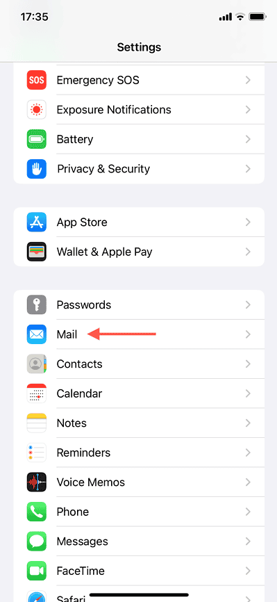 The Settings screen on iPhone with the Mail option highlighted.