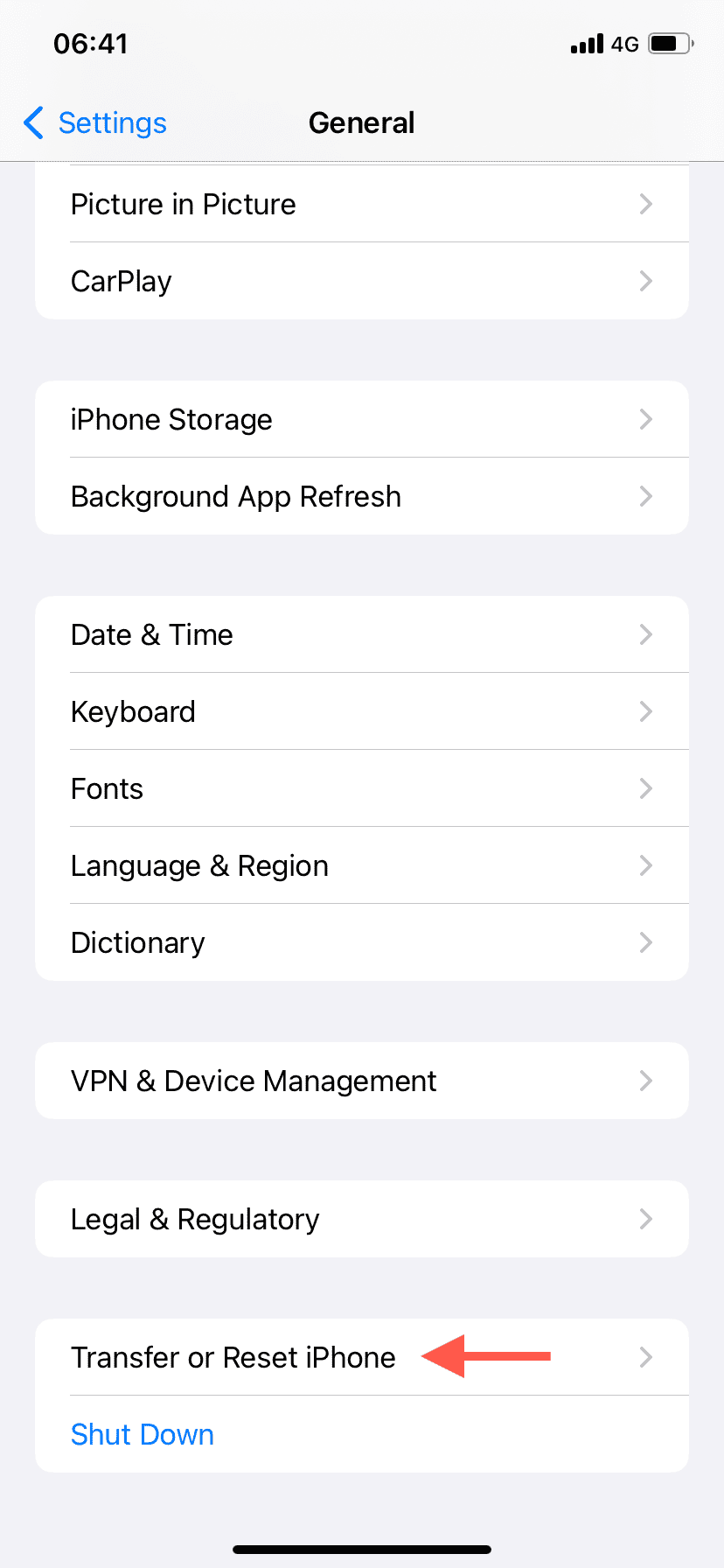The Transfer and Reset iPhone option highlighted in the General screen on iPhone settings.