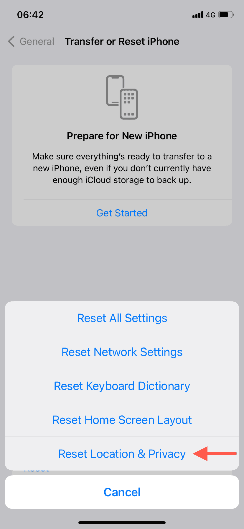 The Reset Network Settings option highlighted in the iPhone's Reset menu.