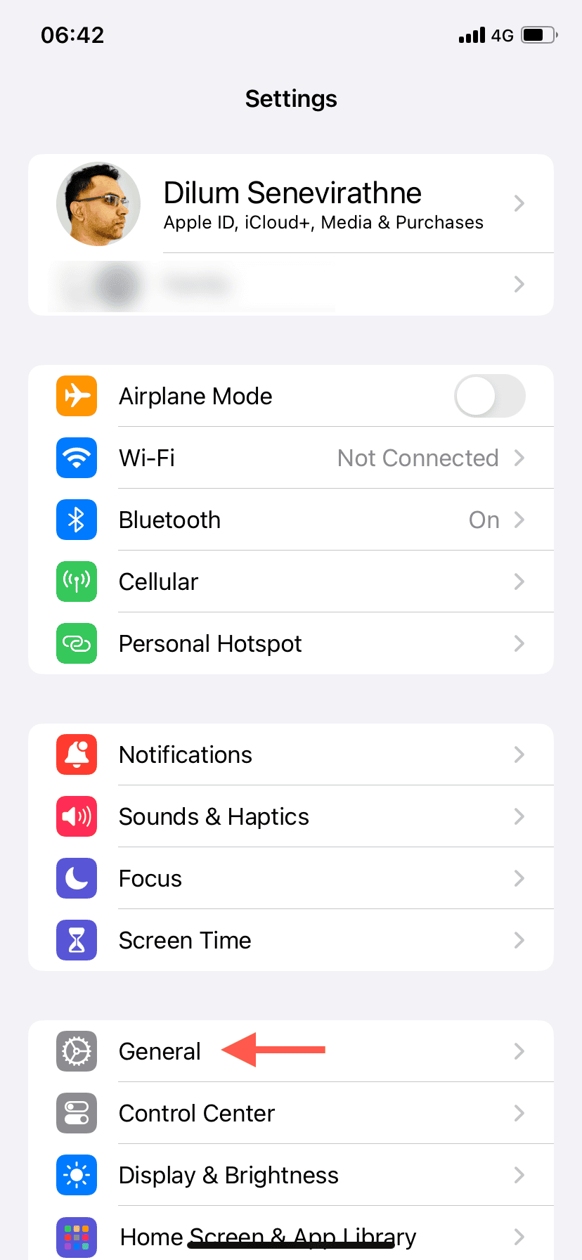 The General option highlighted in iPhone Settings.