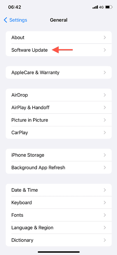 The Software Update option highlighted in the General screen on iPhone Settings.