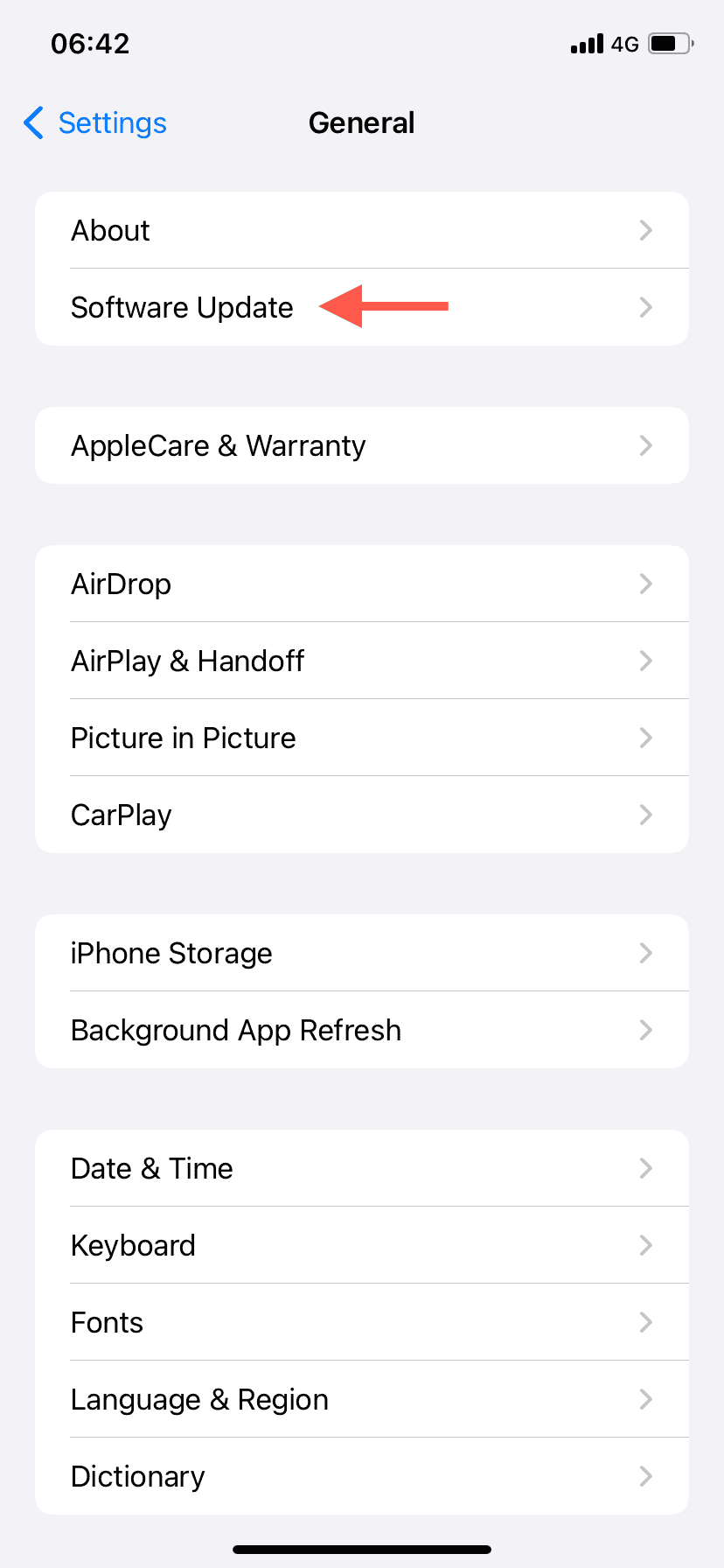 The Software Update option highlighted in the General screen on iPhone Settings.