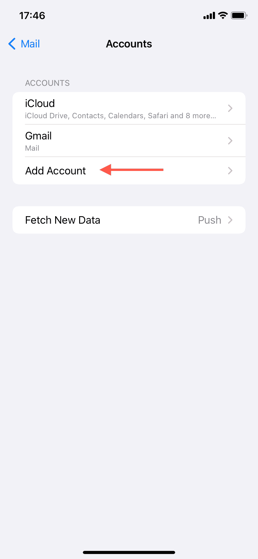 The Add Account option highlighted in Mail settings.