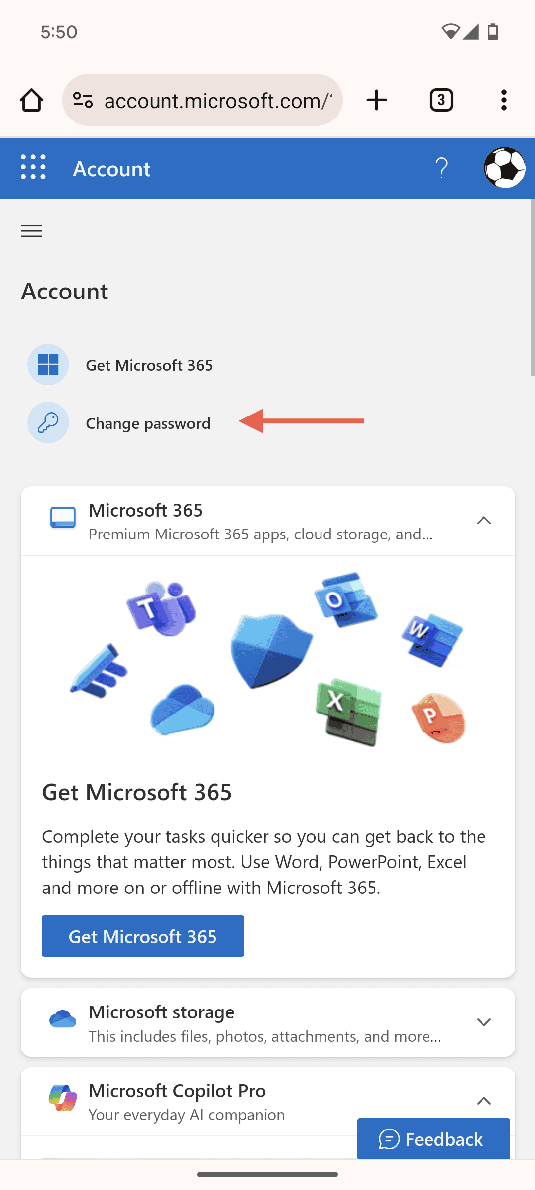 The Change password option highlighted in the Microsoft account settings.