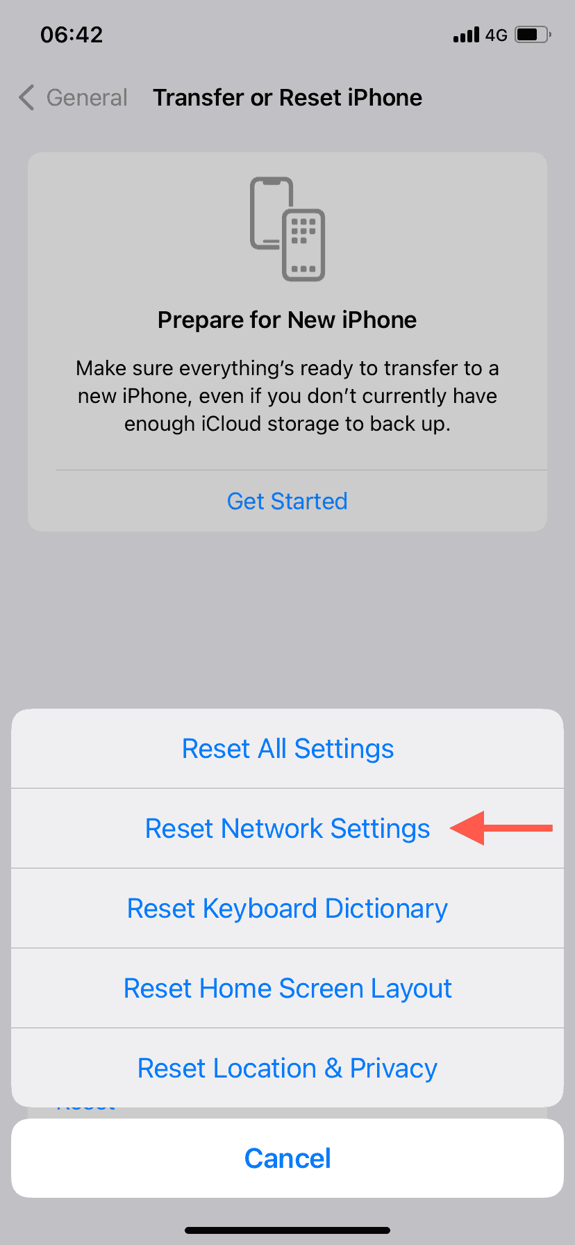 The Reset Network Settings option highlighted in the iPhone's Reset menu.