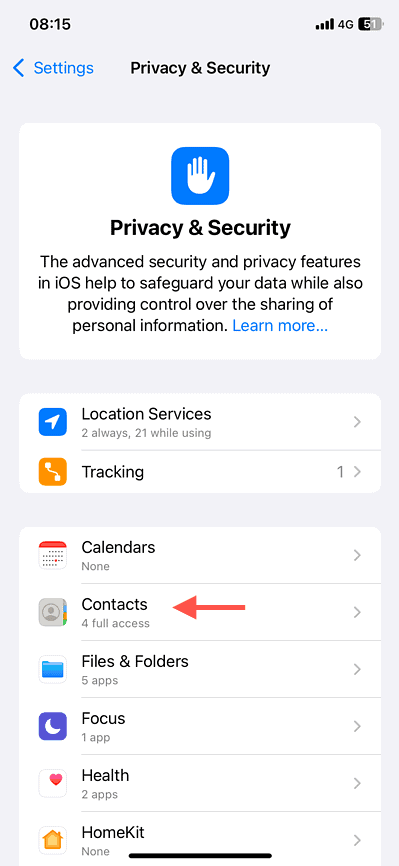 The Contacts option highlighted in Privacy & Security.