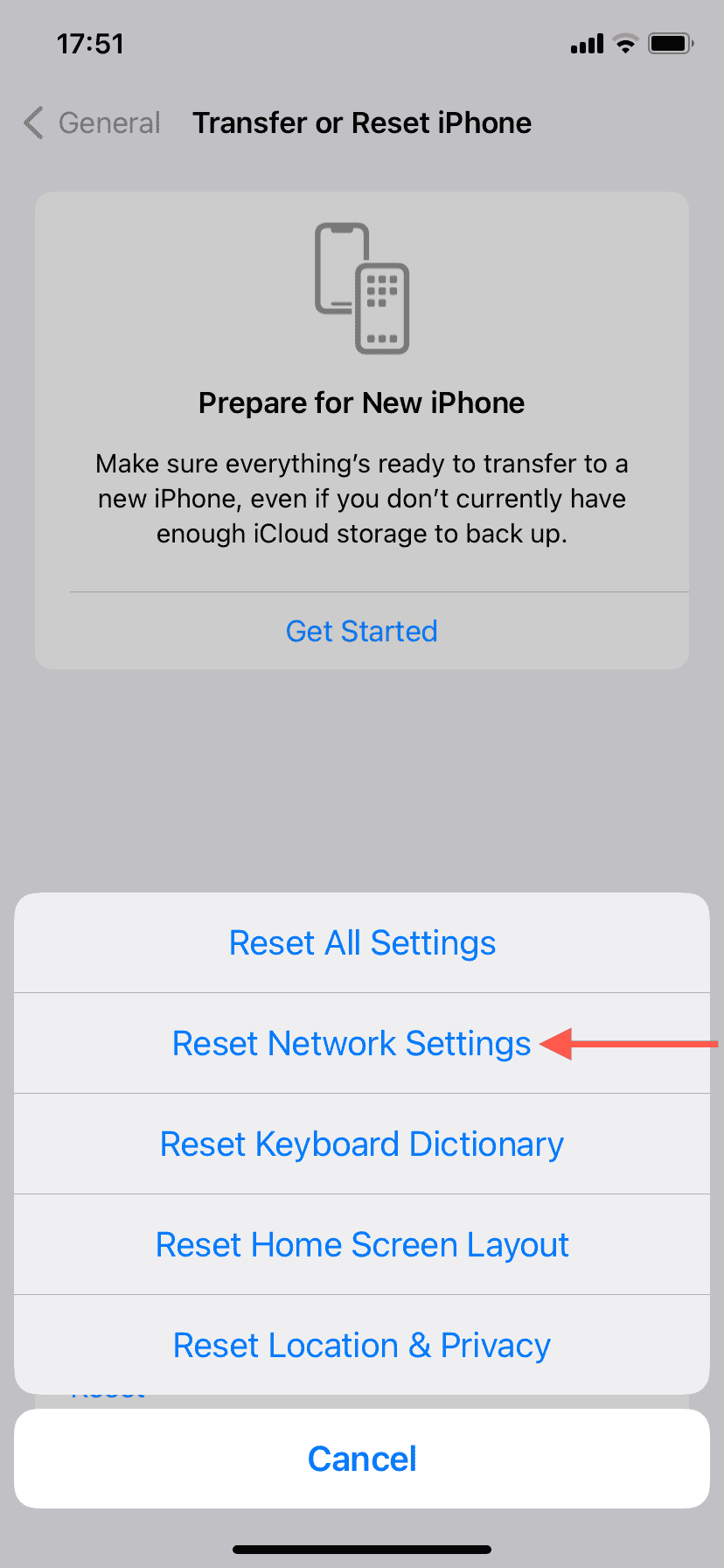 The Reset Network Settings option highlighted in the Reset menu.