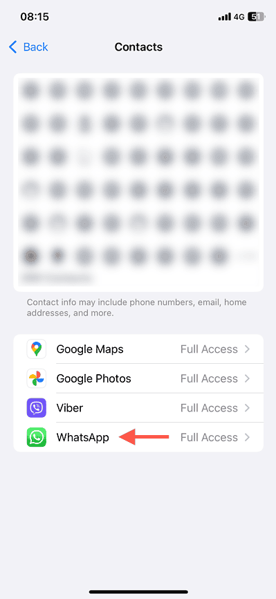 An app highlighted in the Contacts permissions screen.