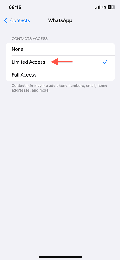 The Limited Access contact permission selected or an app.